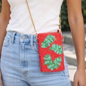 Kay Lee Tropical Beaded Crossbody Bag with Gold Chain
